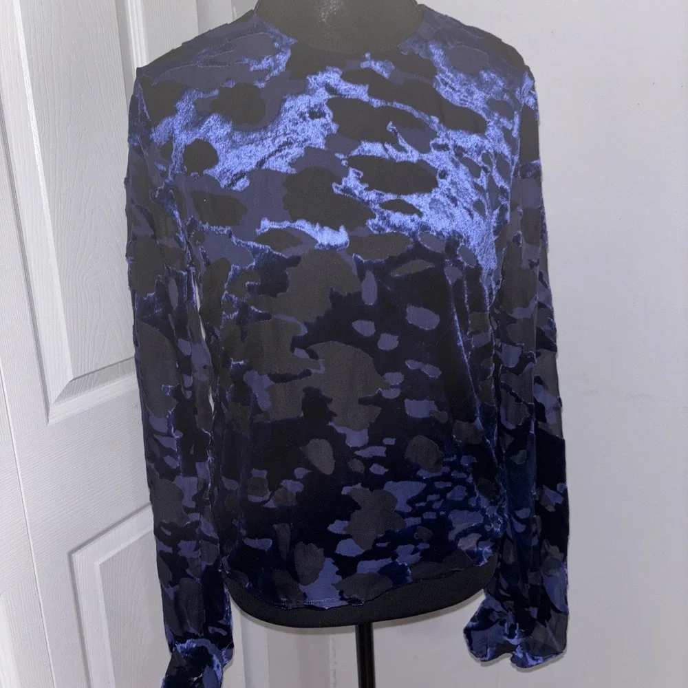 & Other Stories Womens 2 Velvet Leopard Balloon Sleeve Keyhole Back Blue Top - Picture 1 of 7